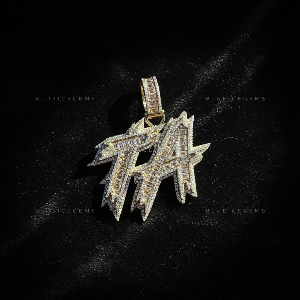 The "TA" Electric Signature: Baguette Mosaic & Jagged Bolt Initial Pendant