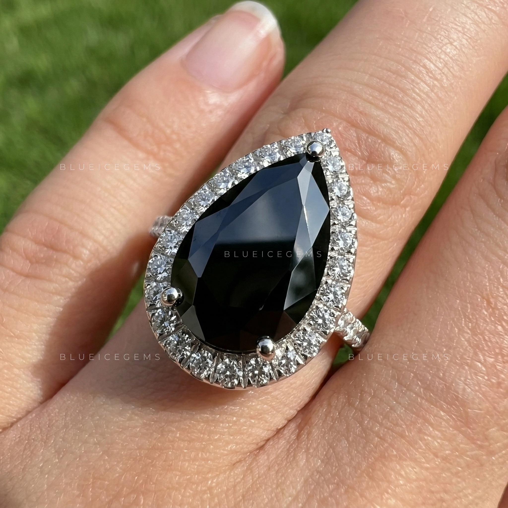 Midnight Eclipse Pear Cut Moissanite Pavé Engagement Ring