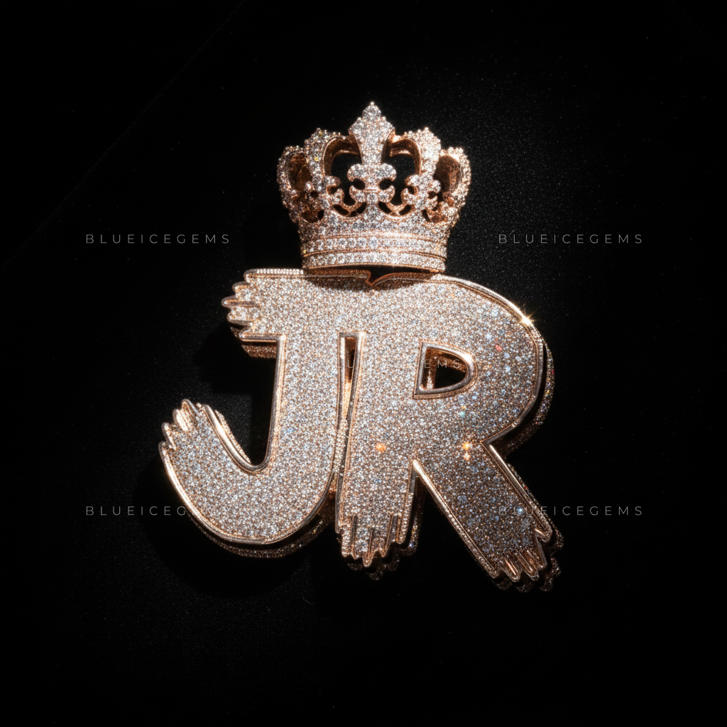 "JR" Custom 3D Bubble Initial Pendant with Majestic Crown