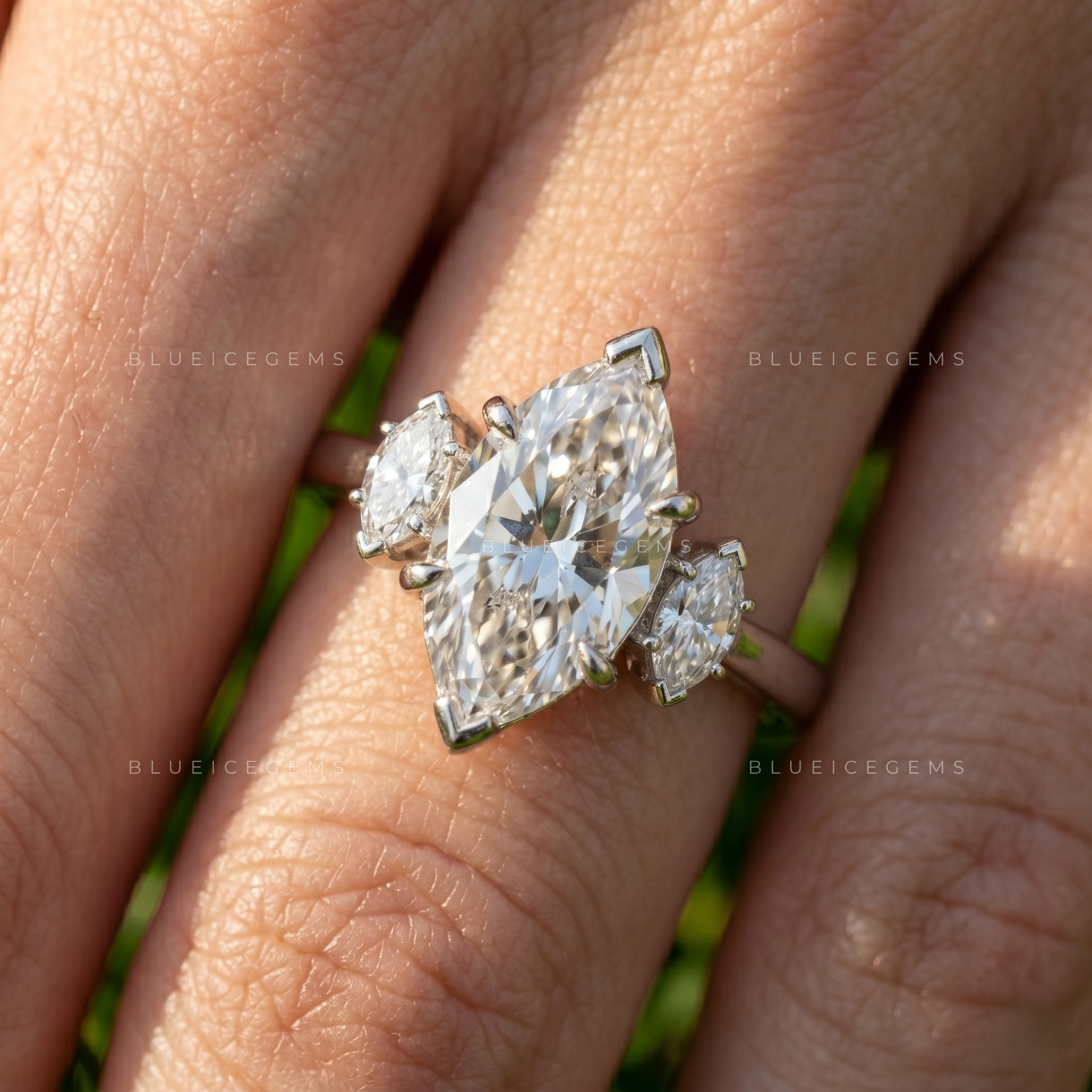 Opulent Triple Marquise Brilliant Cut Victorian Inspired Engagement Ring