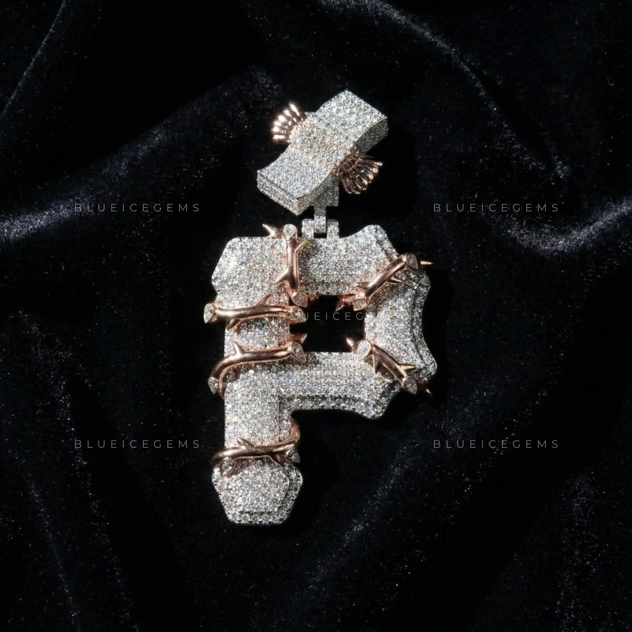 The "P" Thorn-Wrap Sovereign: Gothic Vine Detail & Iced-Out Initial Pendant