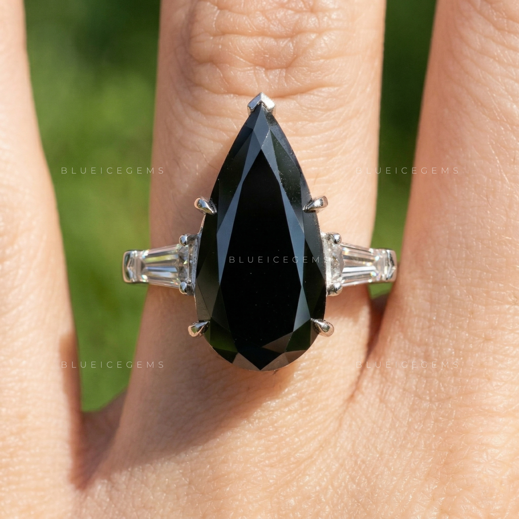 Midnight Noir Elongated Pear Cut Black Moissanite Art Deco Ring