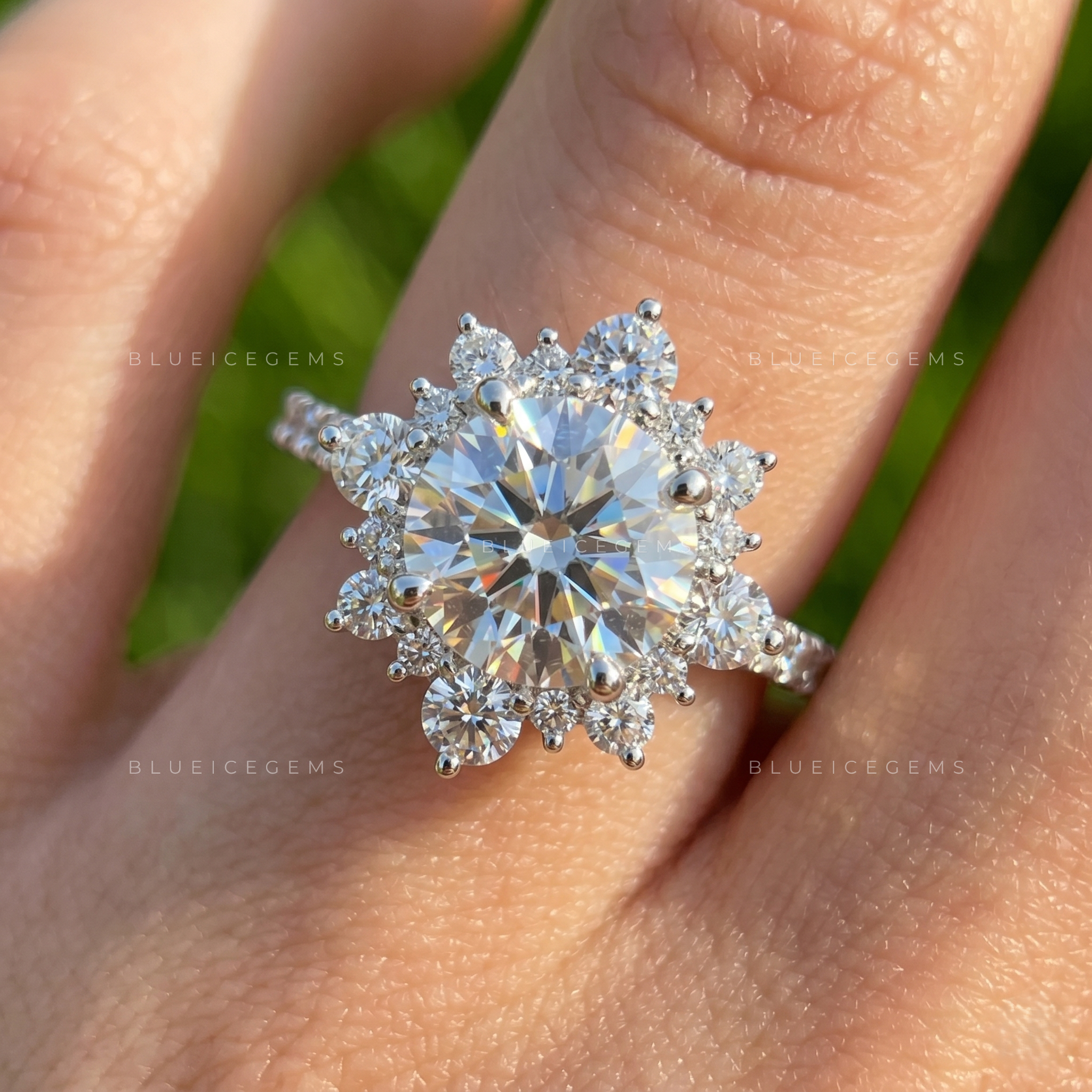 Distinctive Low-Profile Round Brilliant Cut Halo Cluster Keepsake Ring