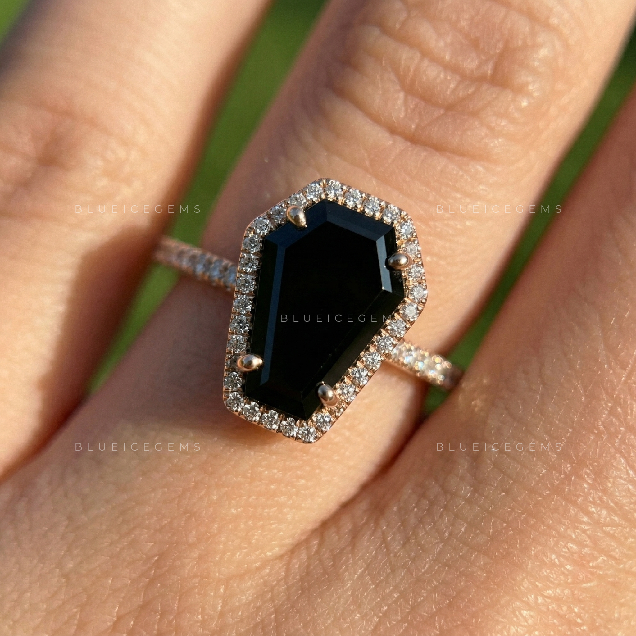 Midnight Noir Coffin Cut Black Diamond Halo Engagement Ring
