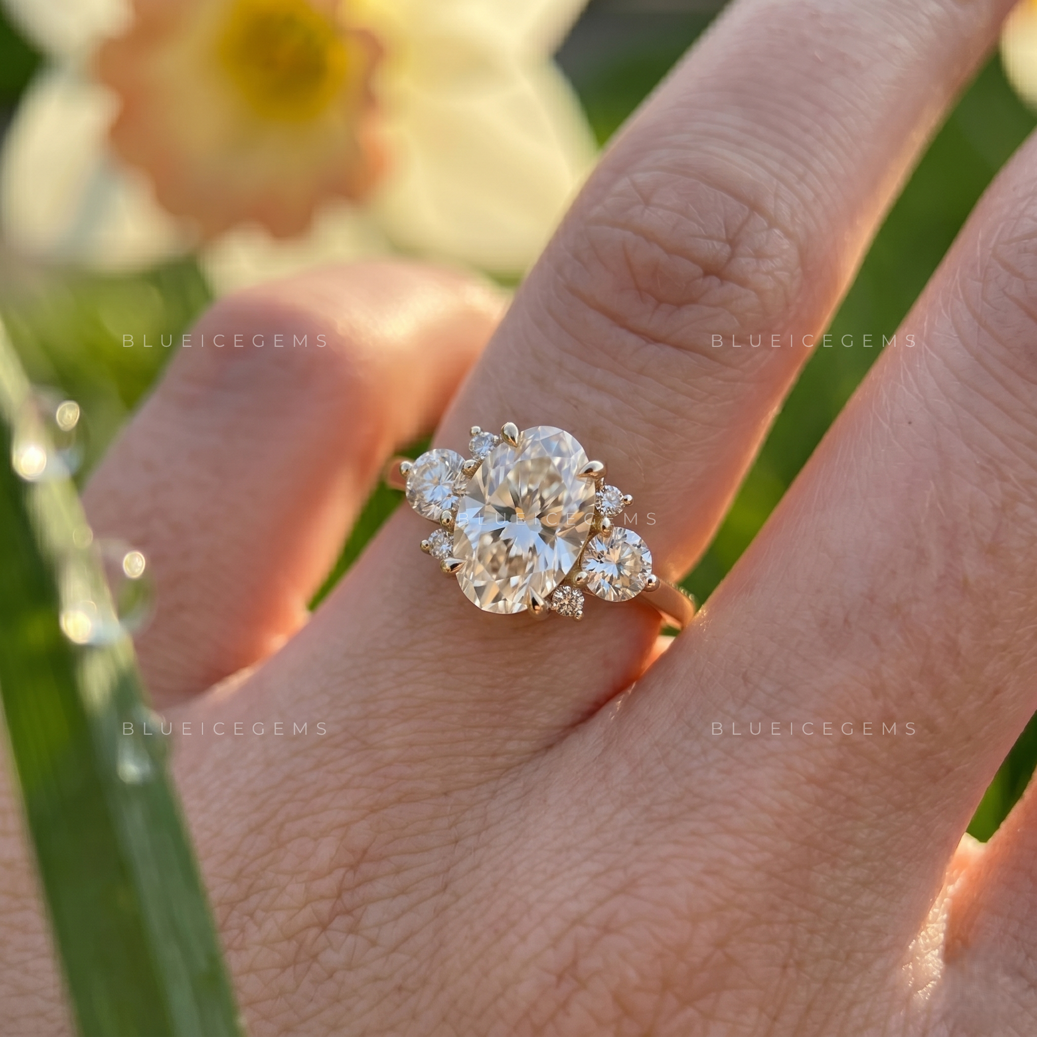 Graceful Harmony Oval Cut with Round Accent Side Stones Engagement Ring