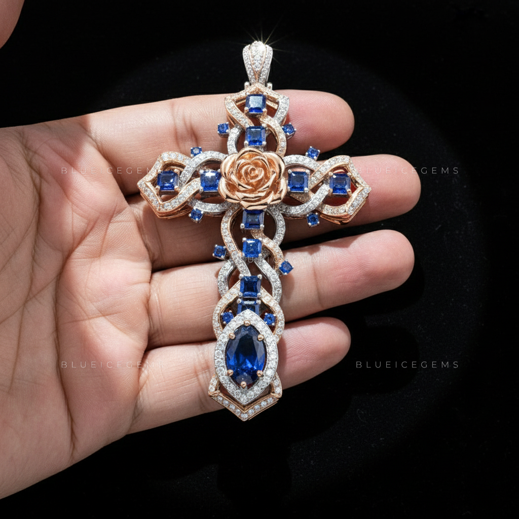 The Royal Rose Cross: Interwoven Cobalt Sapphire & Diamond Lattice