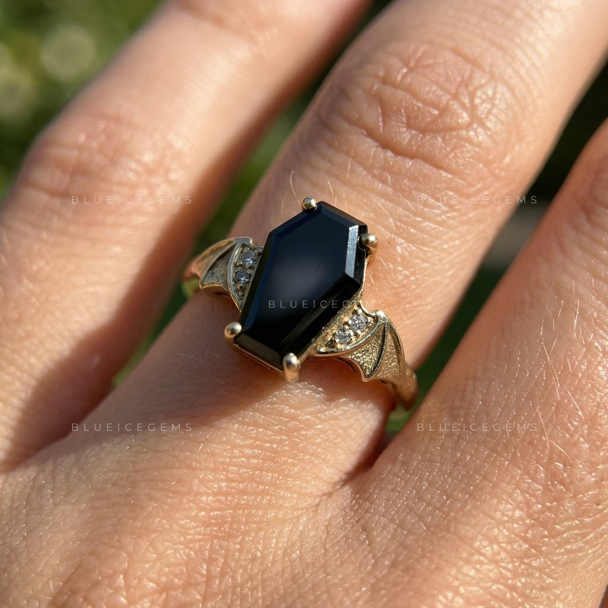 Midnight Noir Coffin Cut Black Moissanite Solitaire Accent Ring