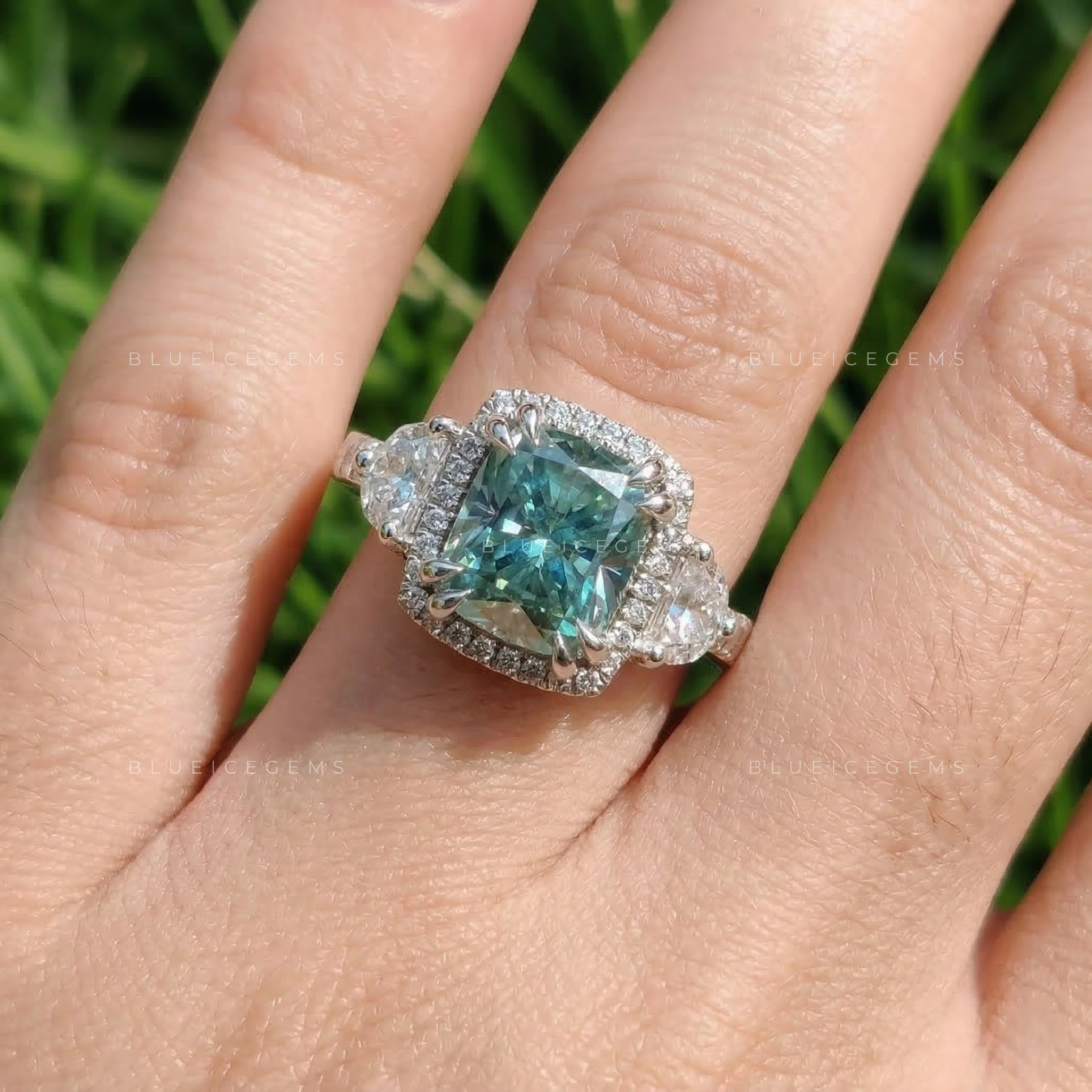 Azure Serenity Cushion and Halfmoon Five-Stone Ring