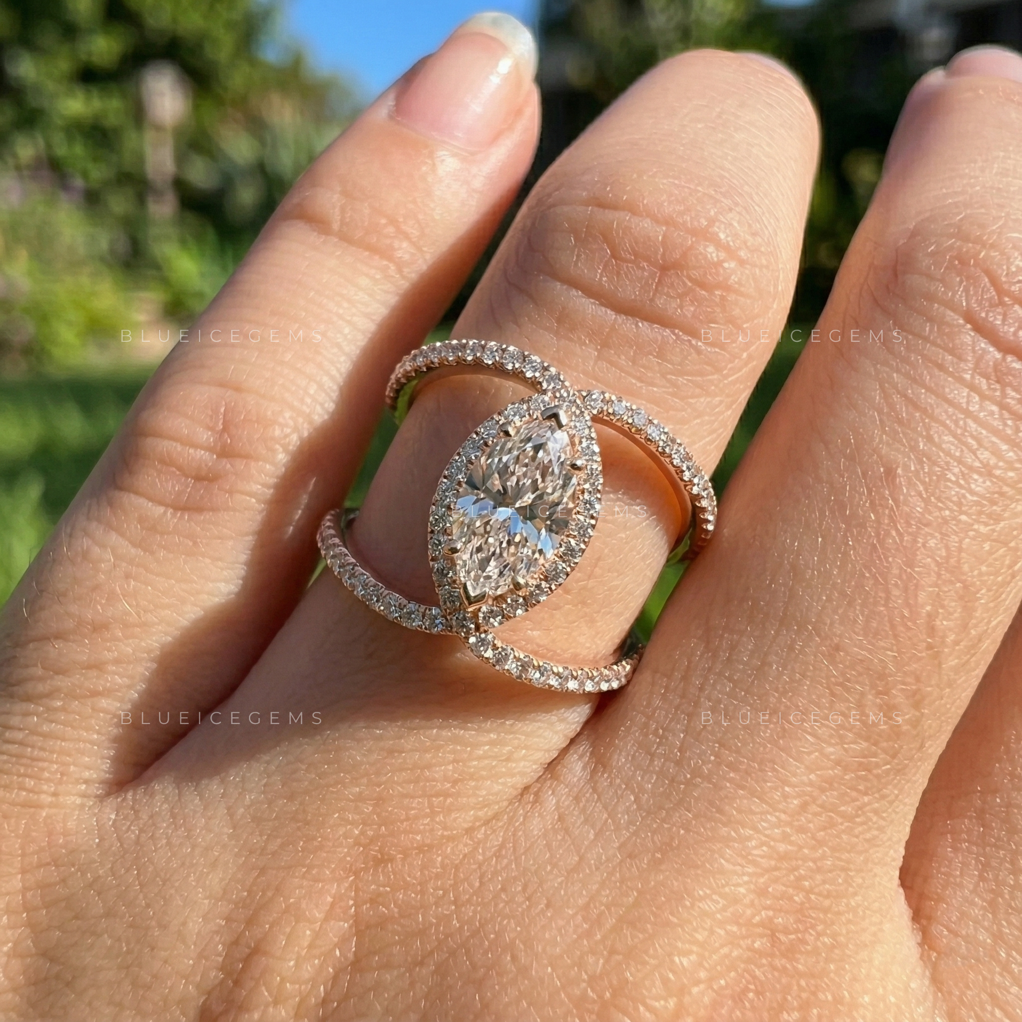The "Ethereal Glow" Marquise Halo: A Bold Split Shank Masterpiece