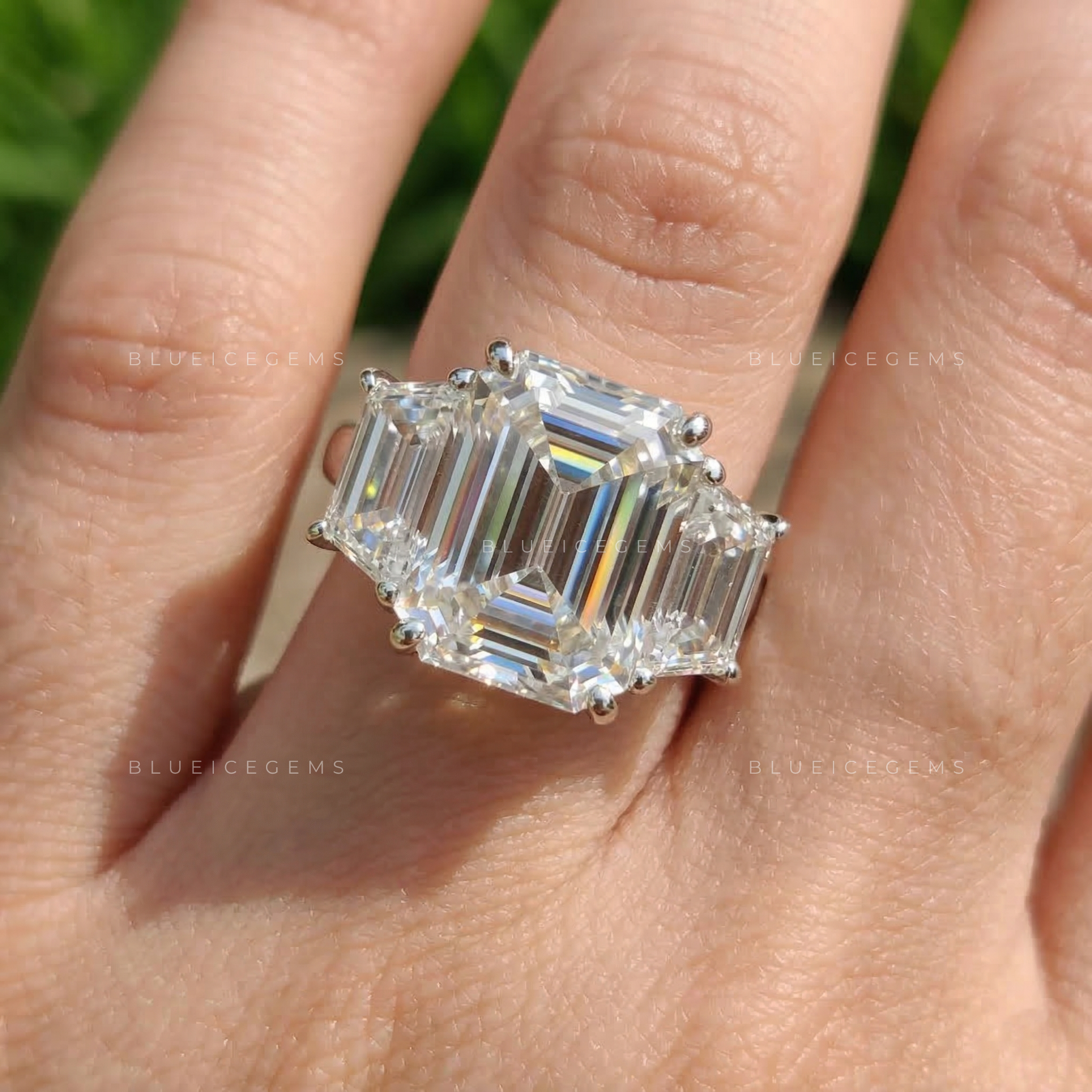 Art Deco Opulence Emerald Trapezoid Three Stone Ring