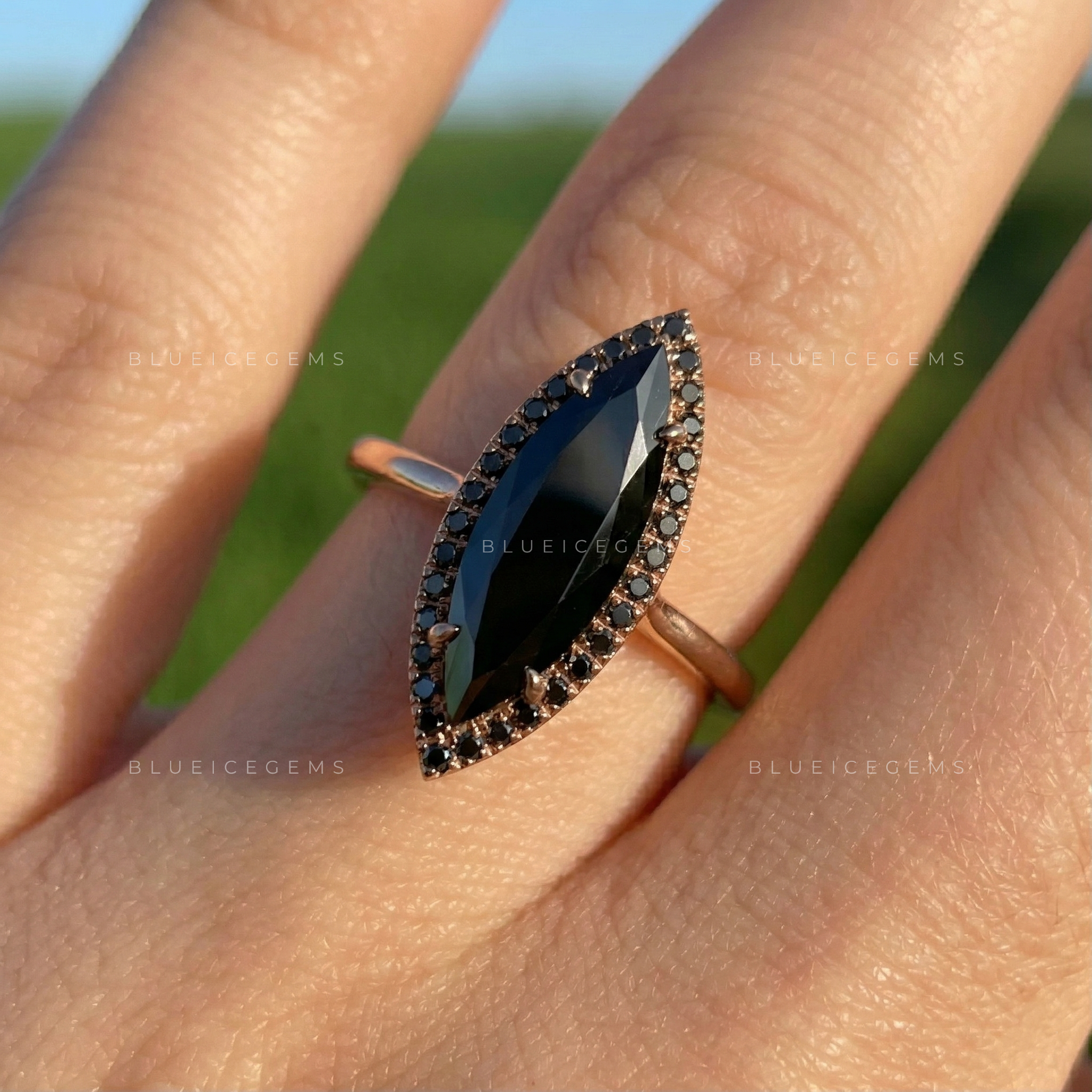 Midnight Noir Long Marquise Black Moissanite Accent Ring