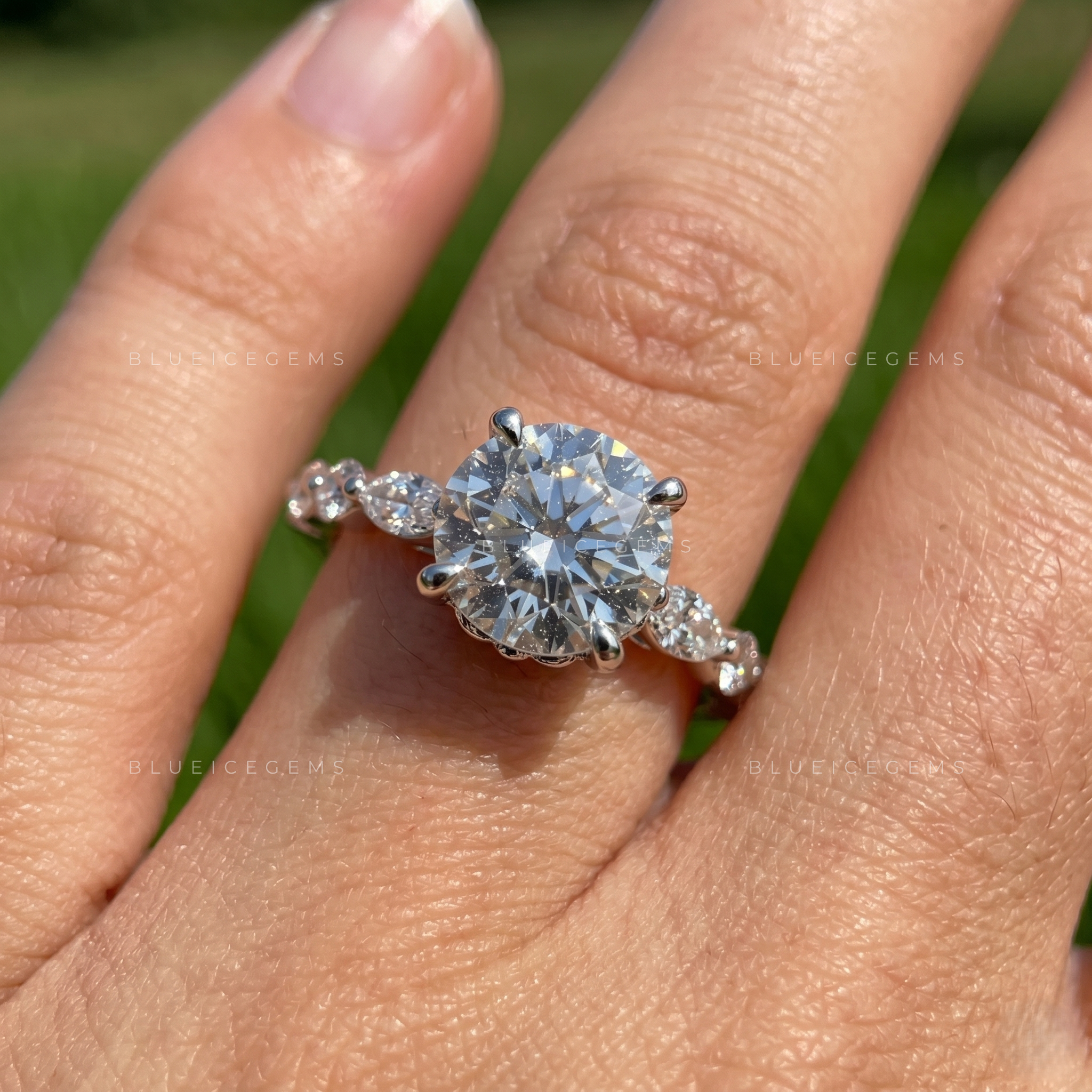 Classic Radiance Round Brilliant Cut Solitaire Engagement Ring with Marquise and Round Bubble Band