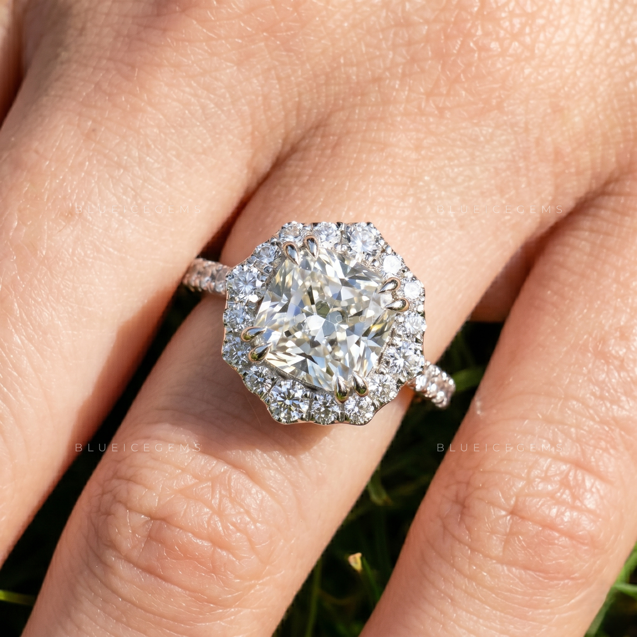 Radiant Allure Cushion Cut Pave Accent Engagement Ring