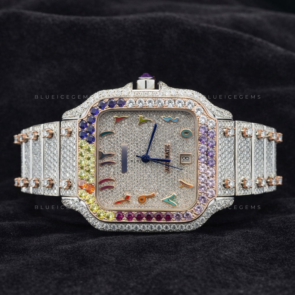 Prism Spectrum: Fully Iced-Out Custom Arabic Rainbow Watch