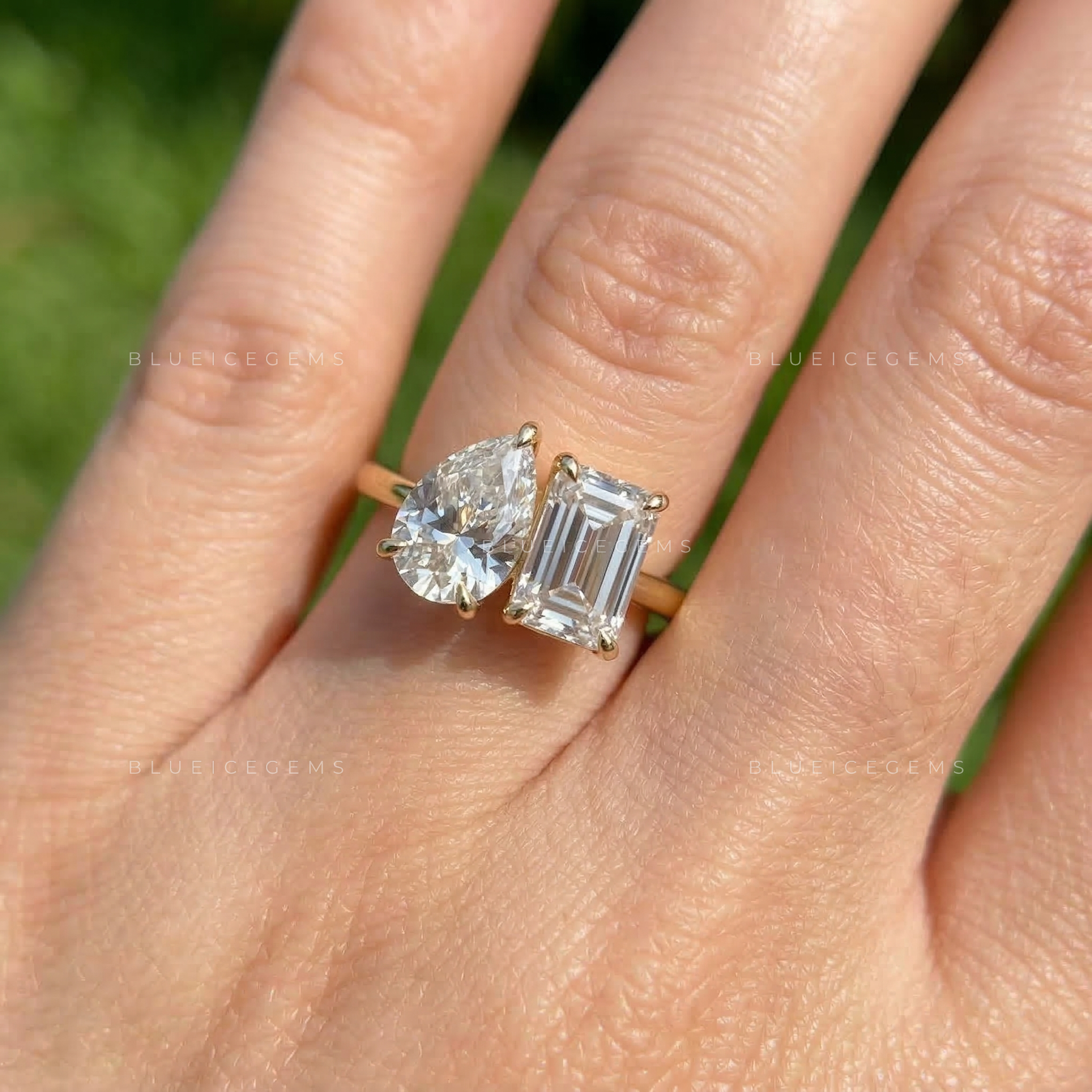 Celestial Tear Pear and Emerald Cut Trilogy Ring