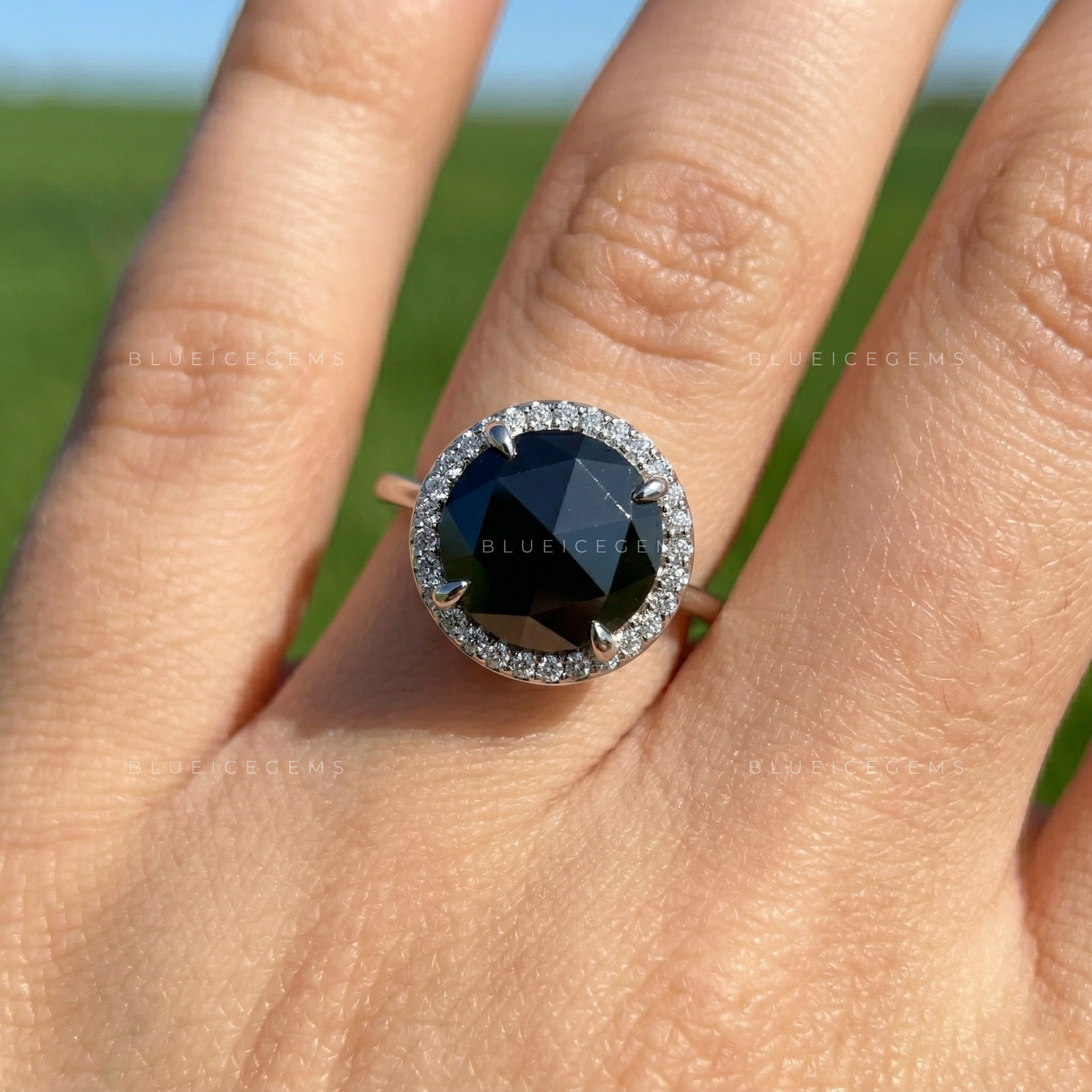 Midnight Noir Round Rose Cut Black Diamond Hidden Halo Ring