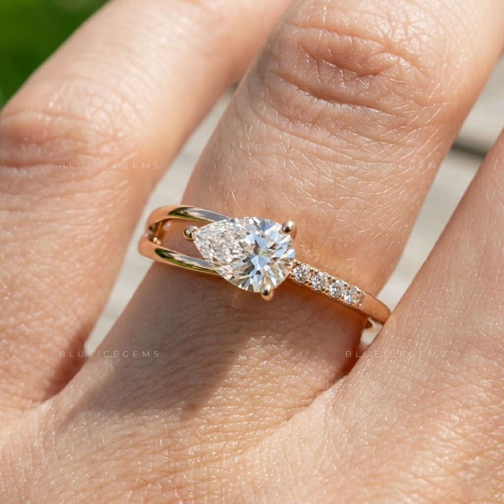 Graceful Horizon Pear Cut Asymmetric Split Band Engagement Ring