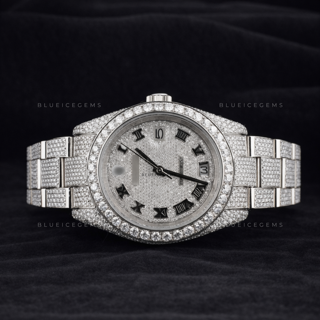 Sterling Frost: Fully Iced-Out Custom Roman Moissanite & Diamond Watch