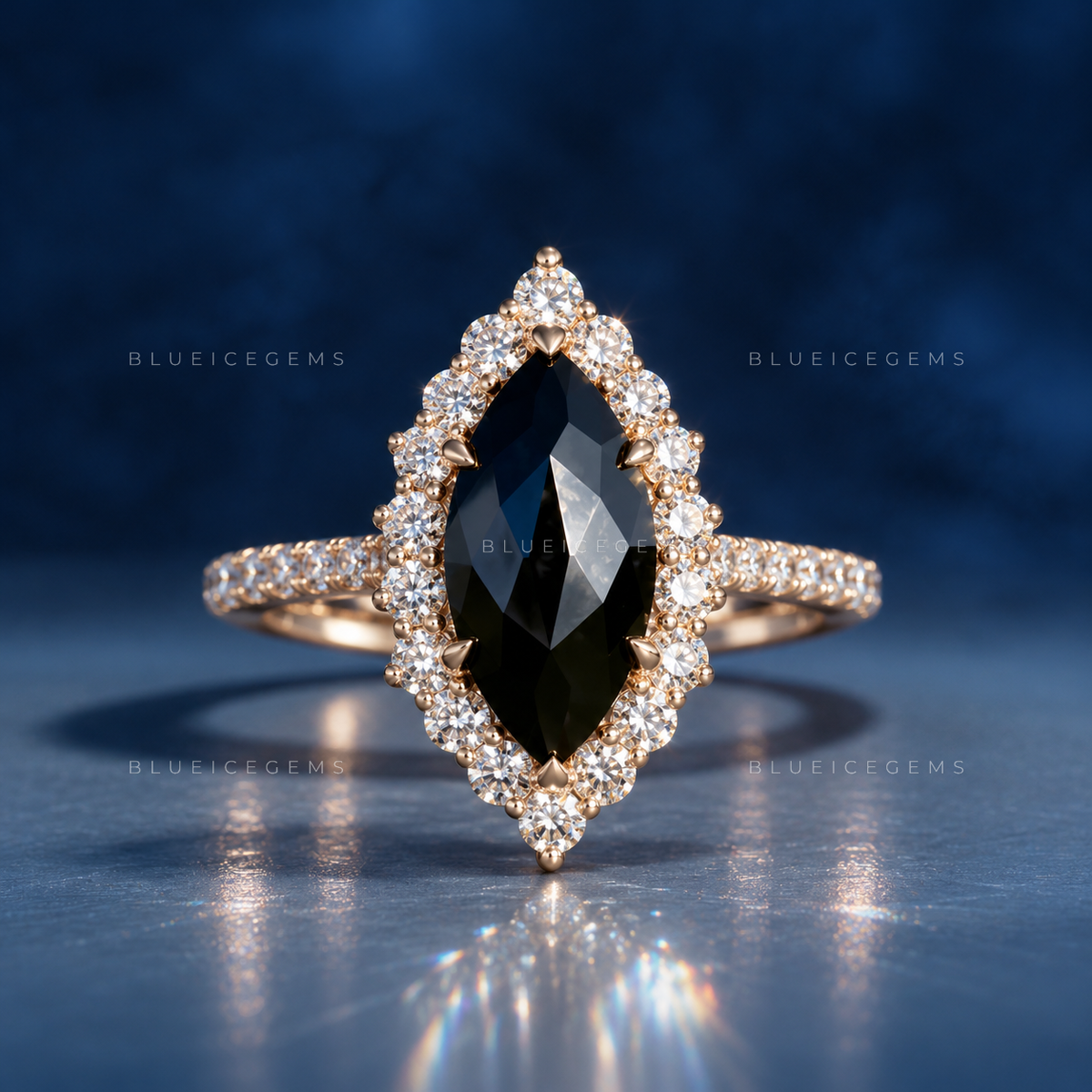 Mystic Nocturne Marquise Flower Rose Cut Black Diamond Ring