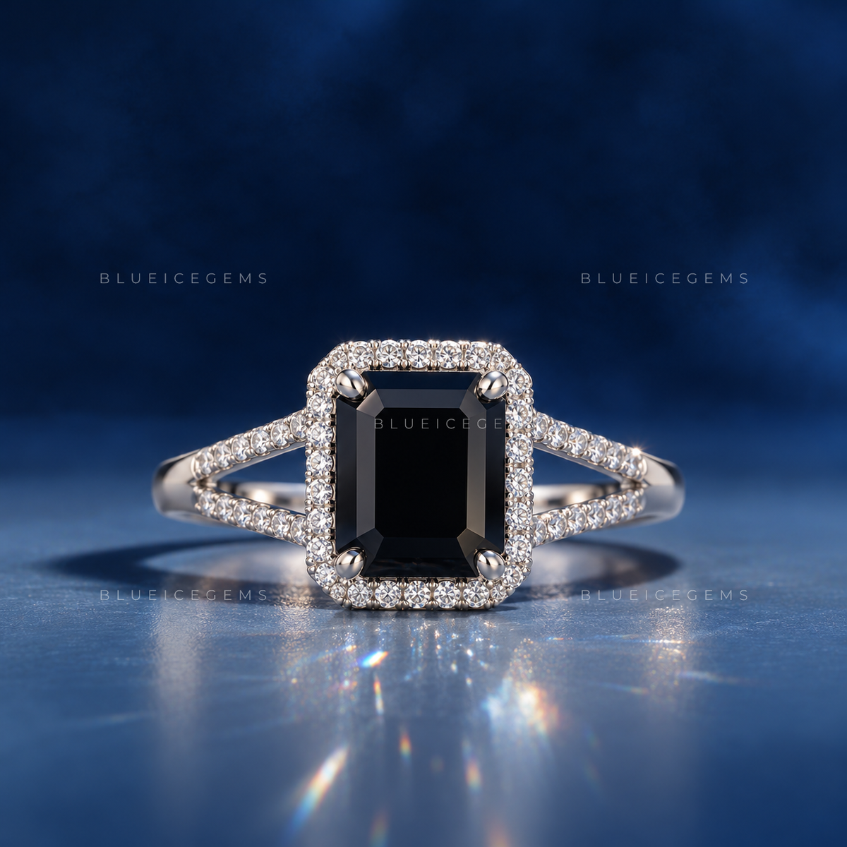 Midnight Noir Emerald Cut Black Diamond Halo Engagement Ring