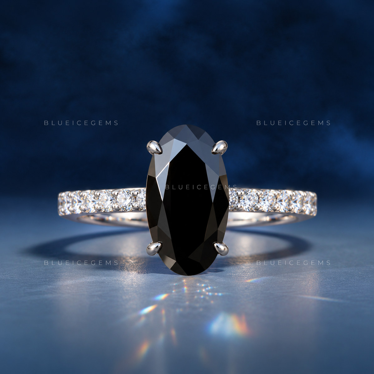 Mystic Radiance Moval Cut Black Moissanite Trilogy Ring