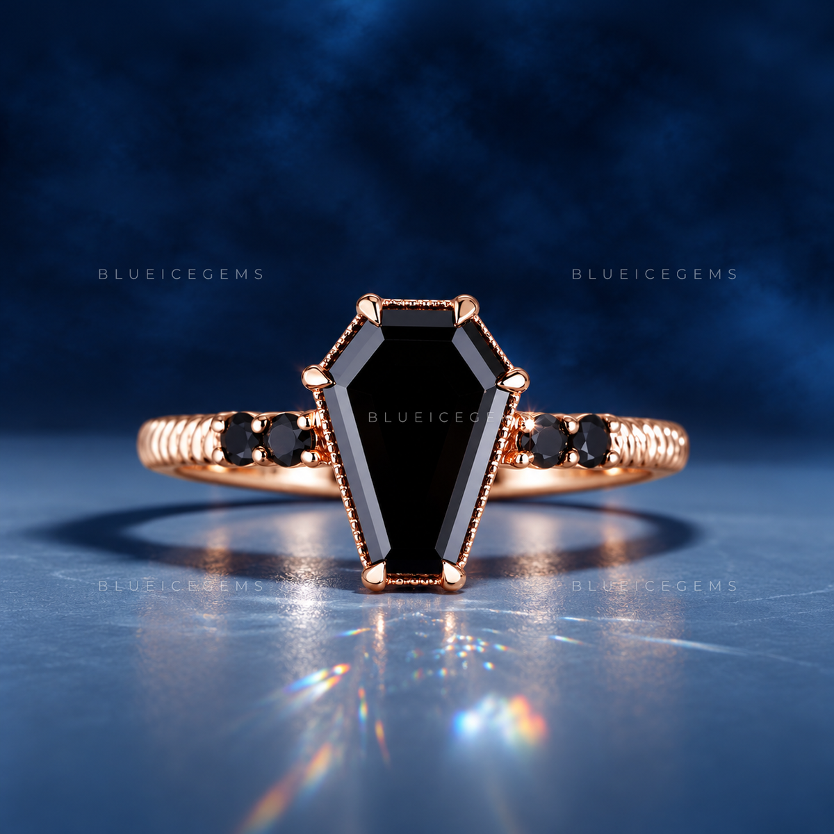 Midnight Shadows Coffin Cut Black Moissanite Trilogy Ring