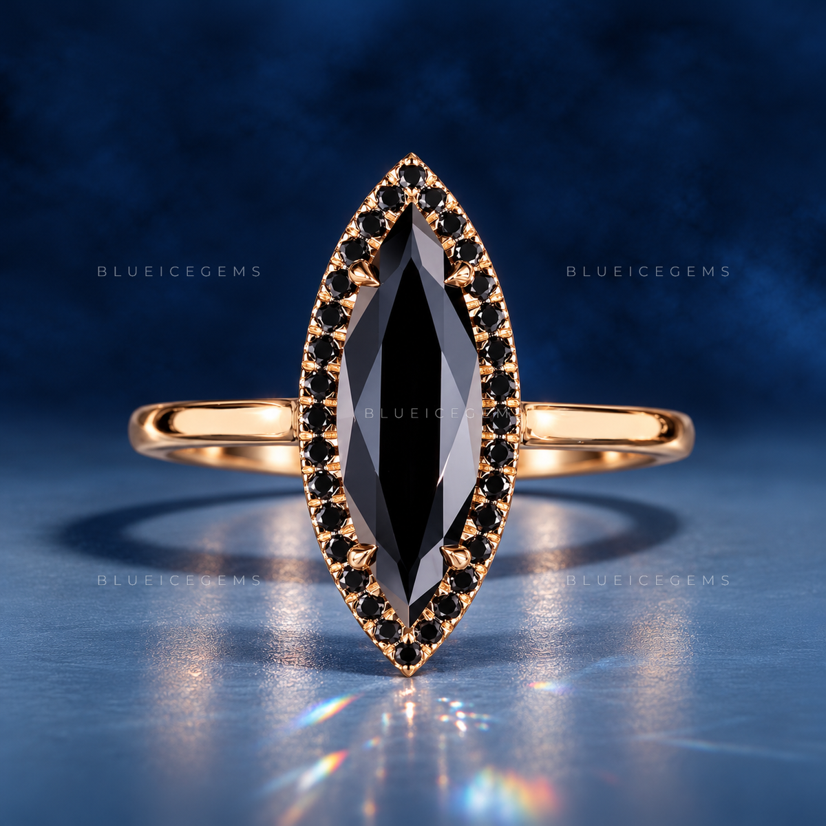 Midnight Noir Long Marquise Black Moissanite Accent Ring