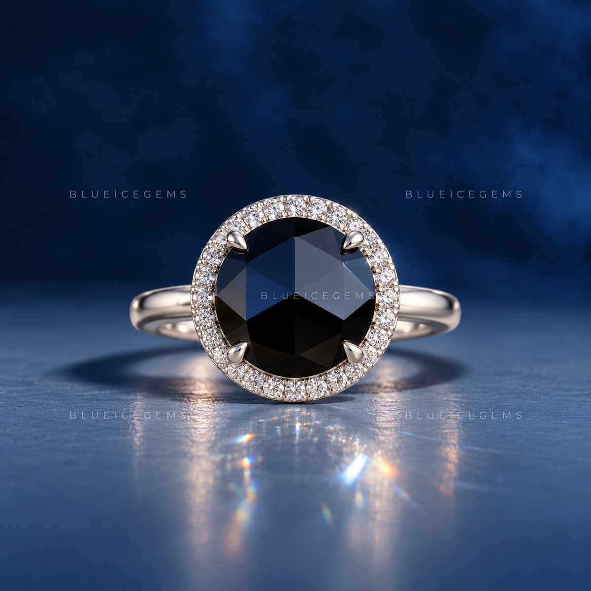 Midnight Noir Round Rose Cut Black Diamond Hidden Halo Ring