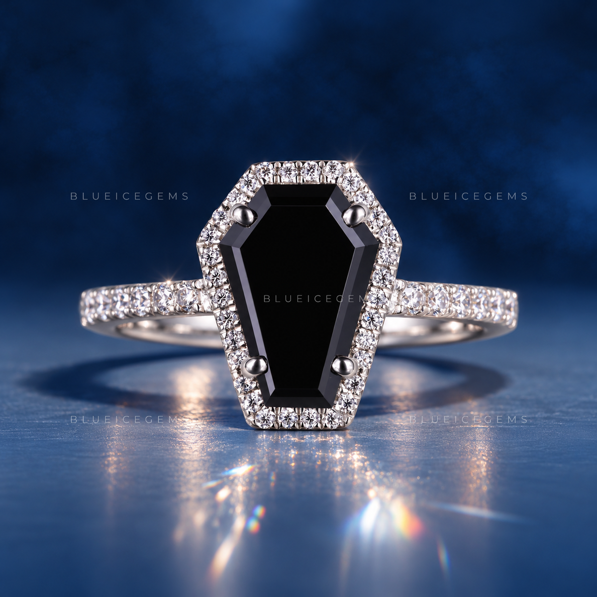 Midnight Noir Coffin Cut Black Moissanite Halo Engagement Ring