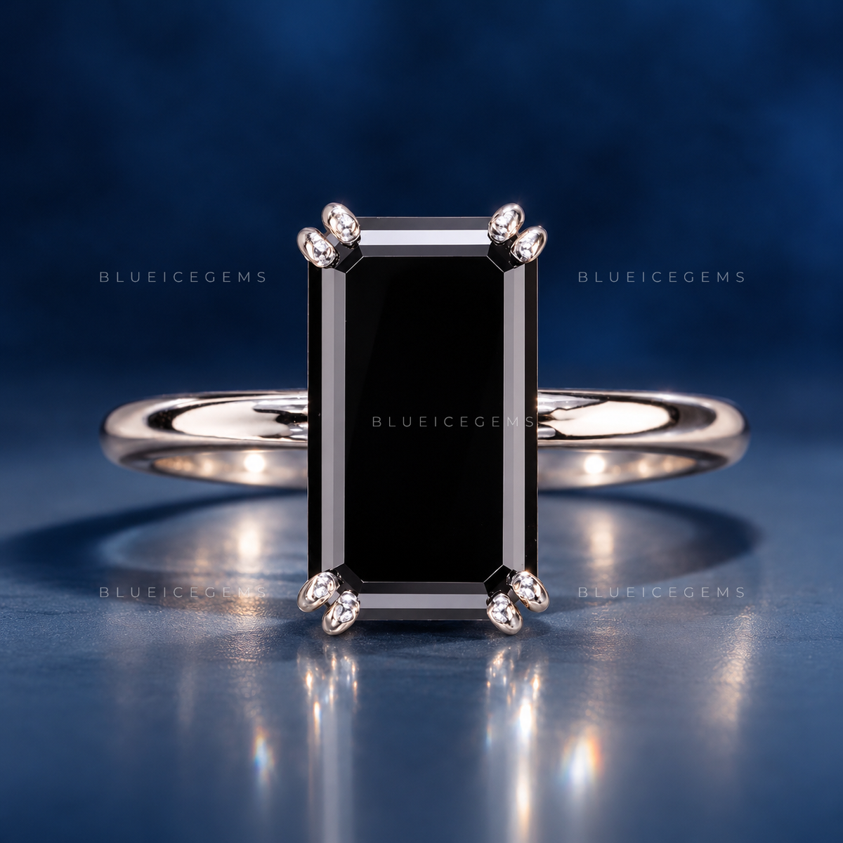 Midnight Noir Elongated Emerald Cut Black Diamond Solitaire Ring