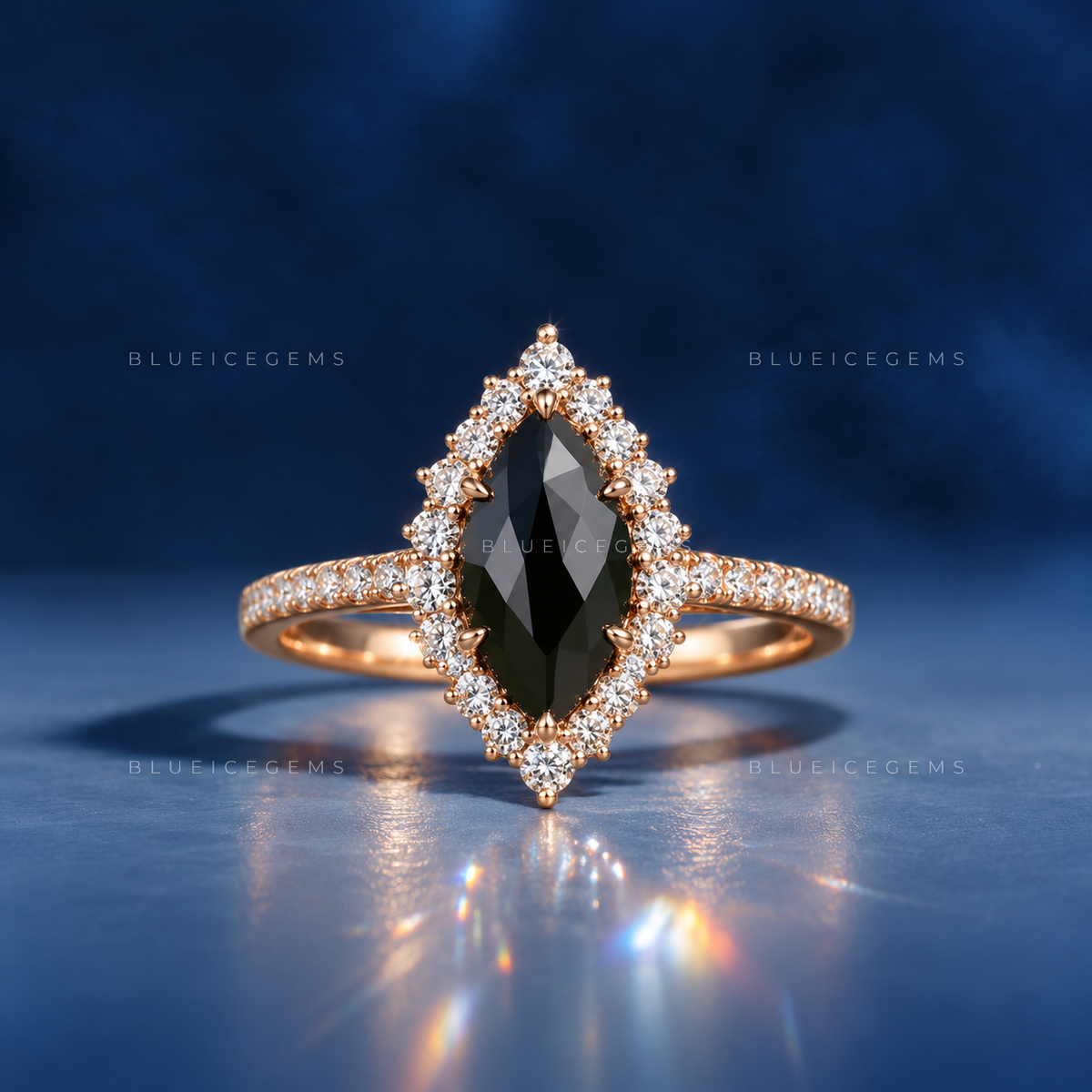Midnight Botanical Marquise Flower Rose Cut Black Diamond Ring