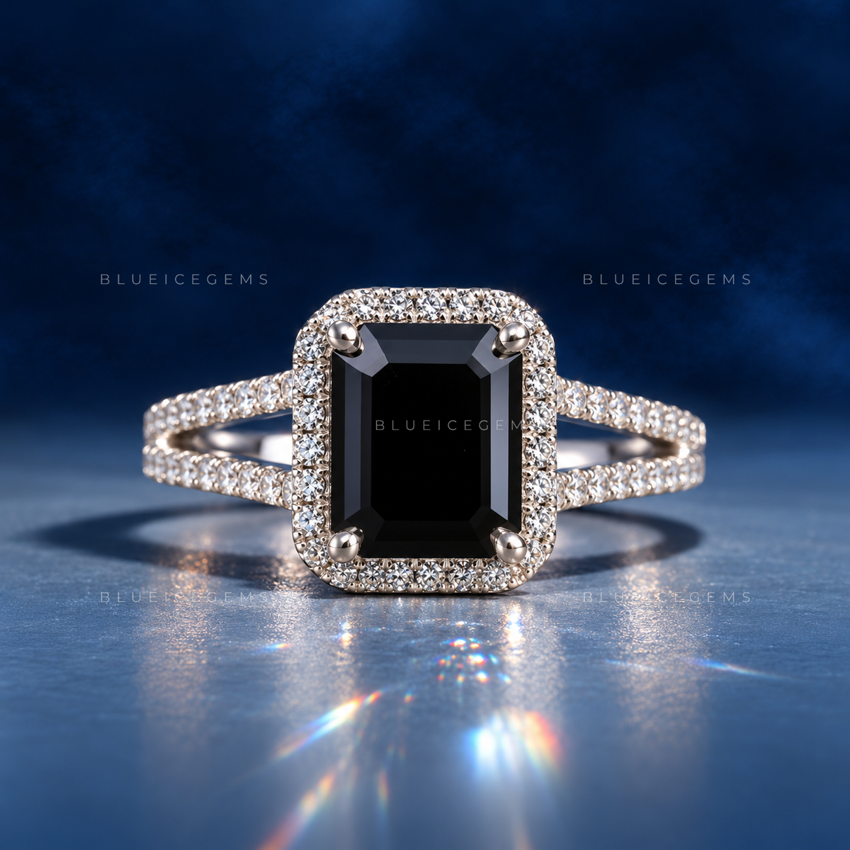 Architectural Noir Emerald Cut Black Diamond Pavé Engagement Ring