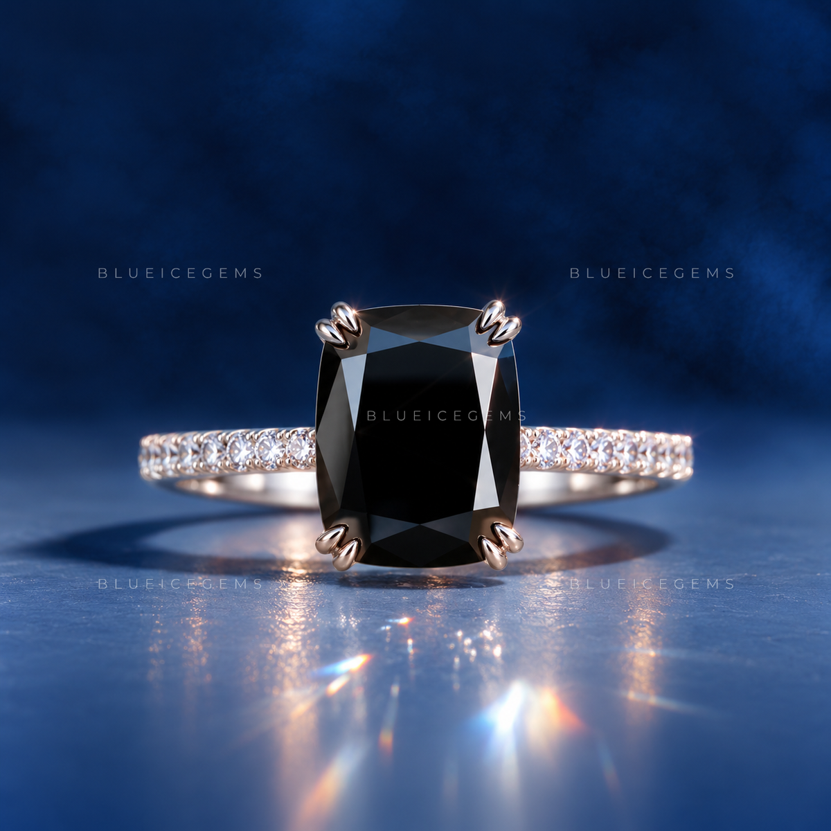 Modern Noir Cushion Cut Black Moissanite Hidden Halo Ring