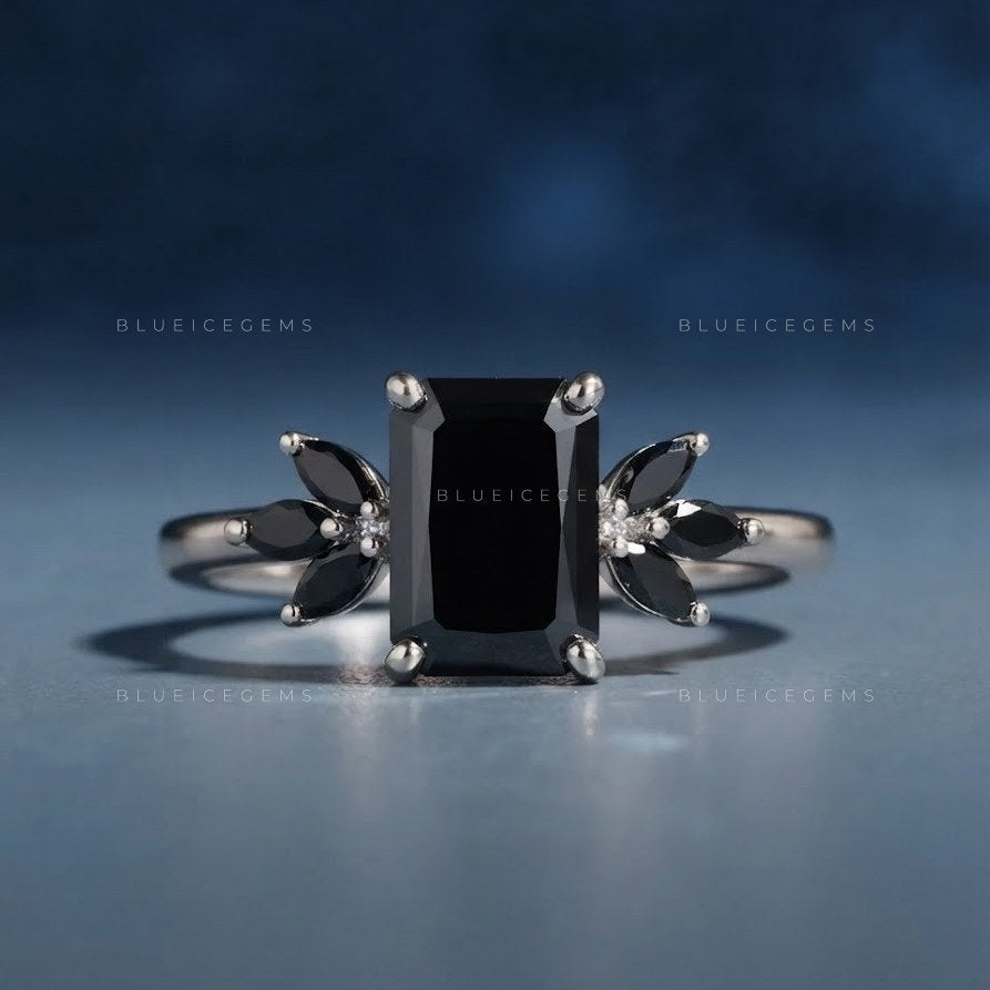 Midnight Noir Emerald Cut Black Diamond Nature-Inspired Ring