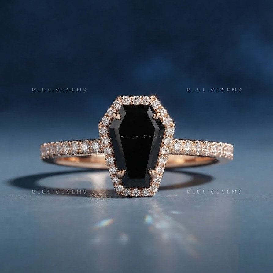 Midnight Noir Coffin Cut Black Diamond Halo Engagement Ring
