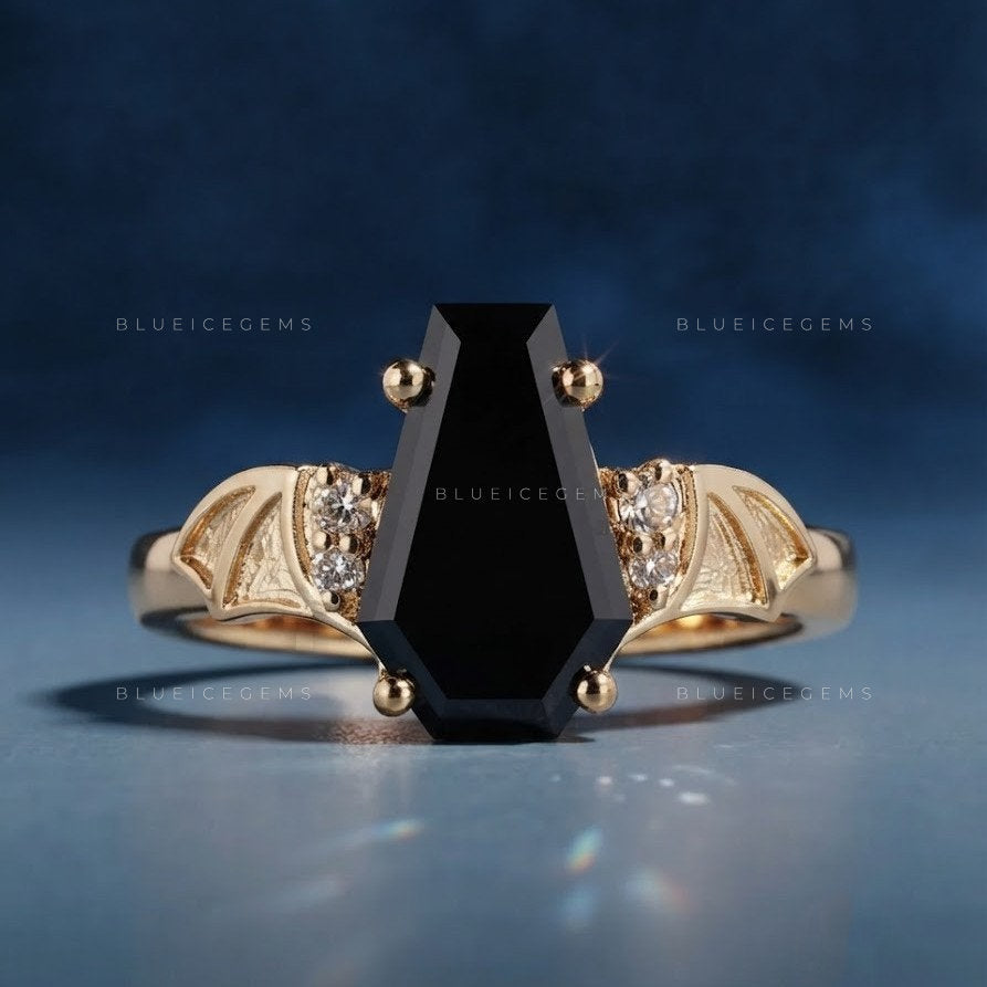 Midnight Noir Coffin Cut Black Moissanite Solitaire Accent Ring