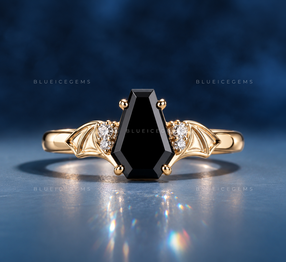 Midnight Noir Coffin Cut Black Moissanite Solitaire Accent Ring