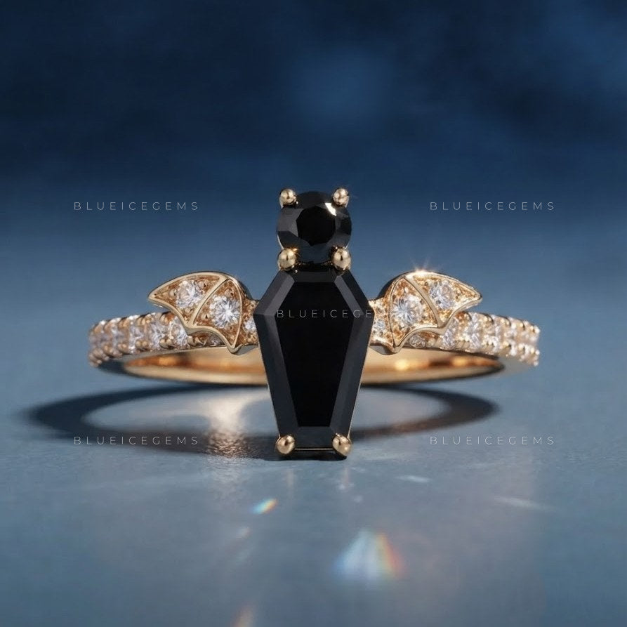 Midnight Noir Coffin & Round Cut Black Diamond Toi et Moi Ring