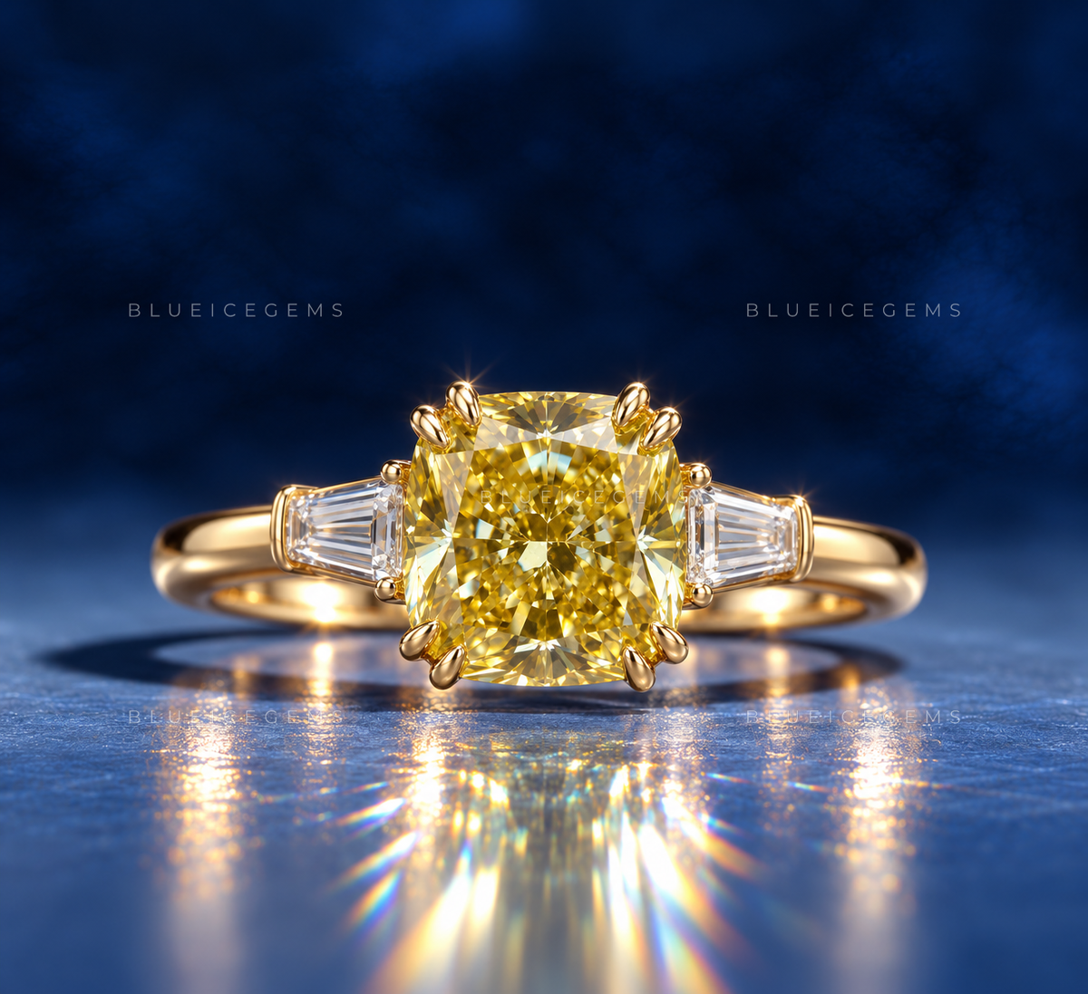 Radiant Canary Cushion Cut Three-Stone Ring