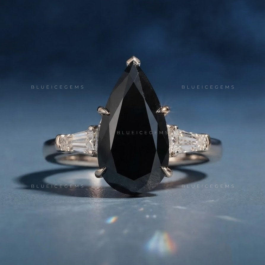 Midnight Noir Elongated Pear Cut Black Moissanite Art Deco Ring