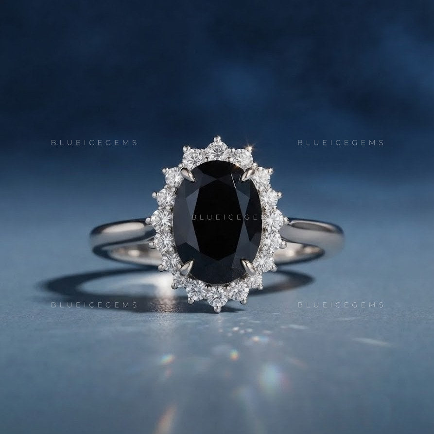 Midnight Noir Oval Cut Black Moissanite Hidden Halo Ring