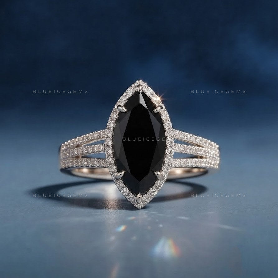 Midnight Noir Marquise Cut Black Diamond Grand Halo Ring