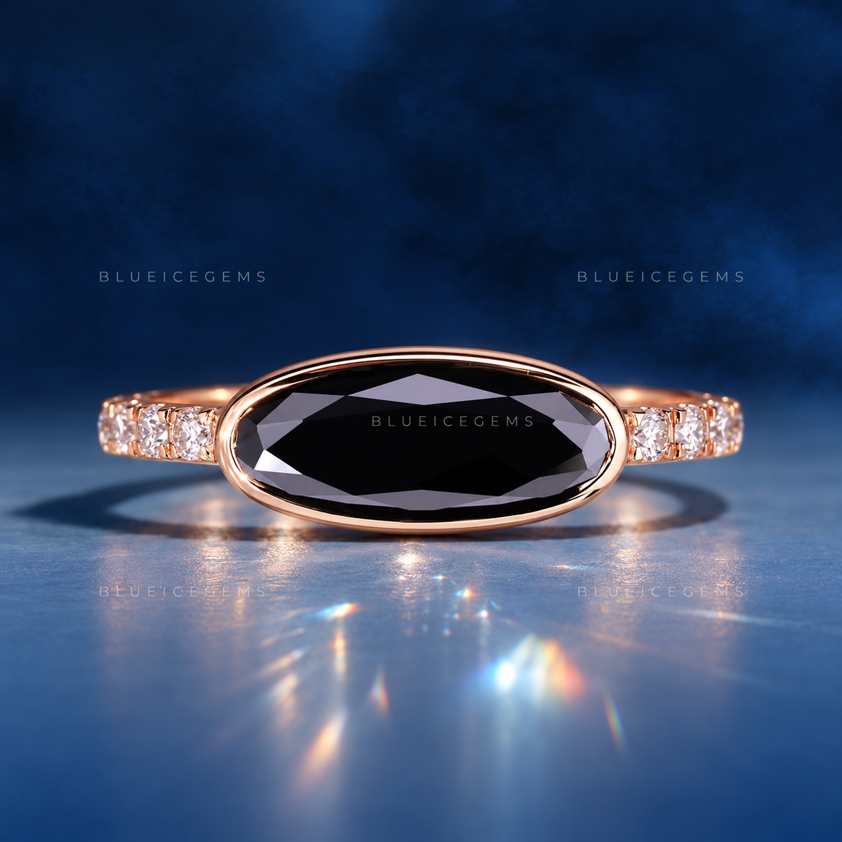 Midnight Noir Moval Cut Black Moissanite Accent Ring