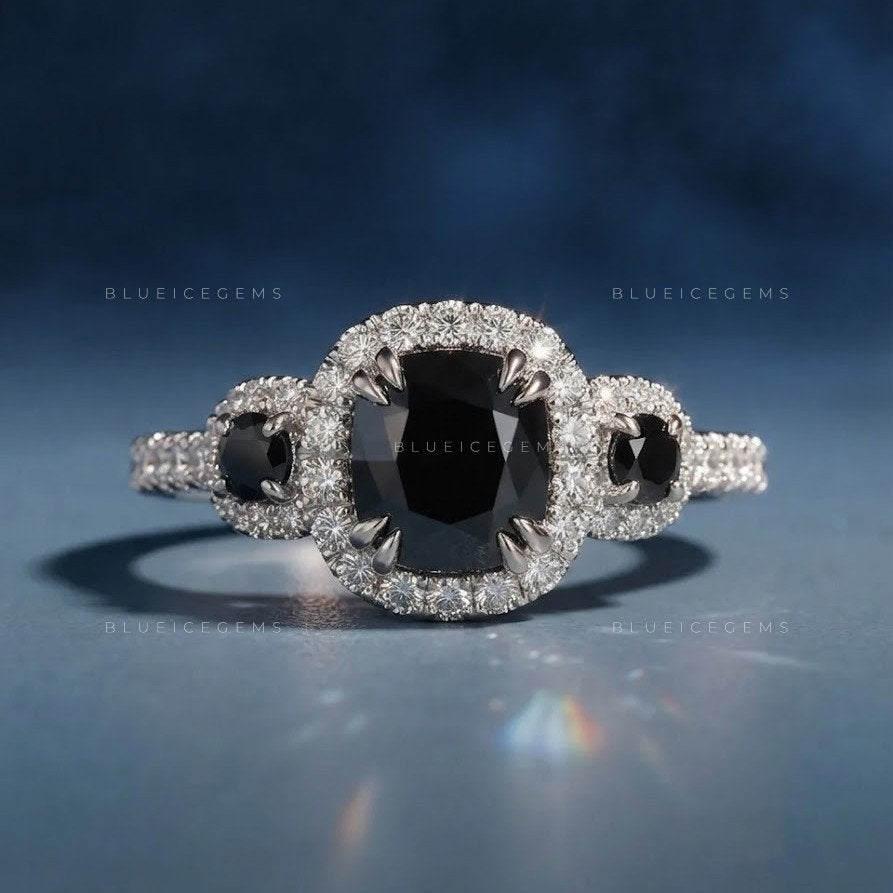Midnight Noir Flower Cushion Cut Black Diamond Vintage Halo Ring