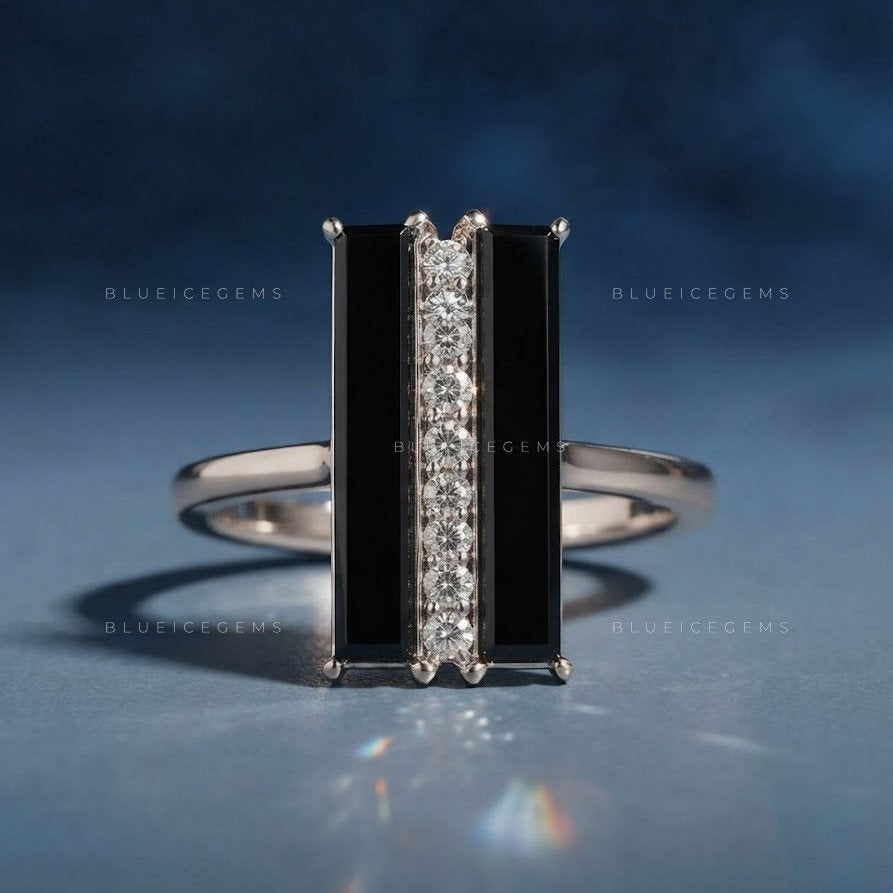 Midnight Noir Baguette Black Moissanite Statement Ring