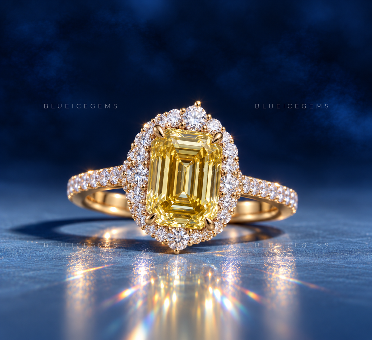 Gilded Majesty Canary Radiant Emerald Cut Halo Ring