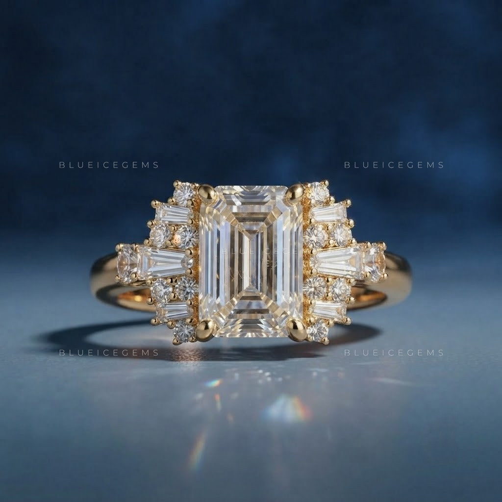 Sophisticated Emerald Cut Three Stone Side Tapered Baguette Engagement Ring