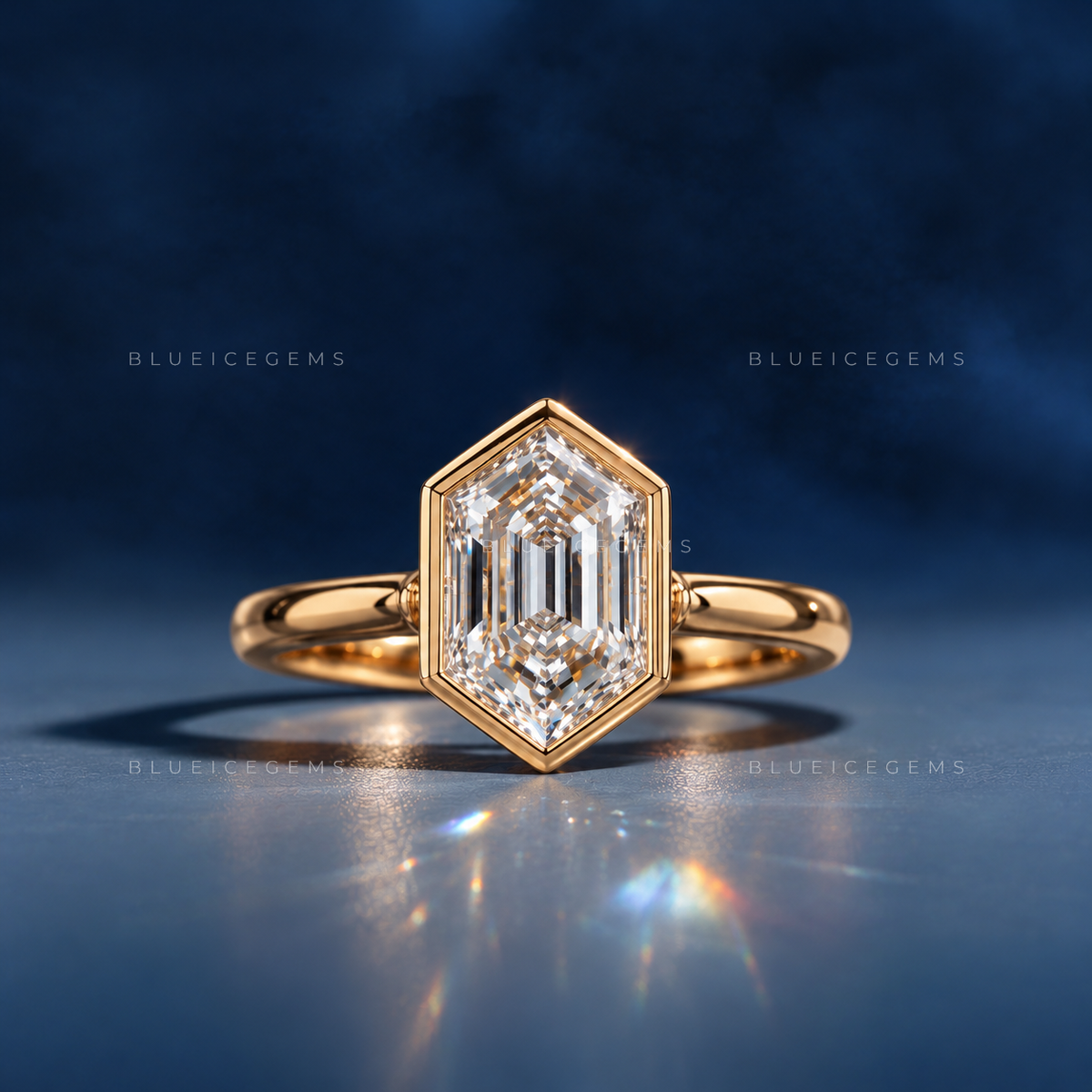 Geometric Hexagon Step Cut Bezel Set Cathedral Engagement Ring
