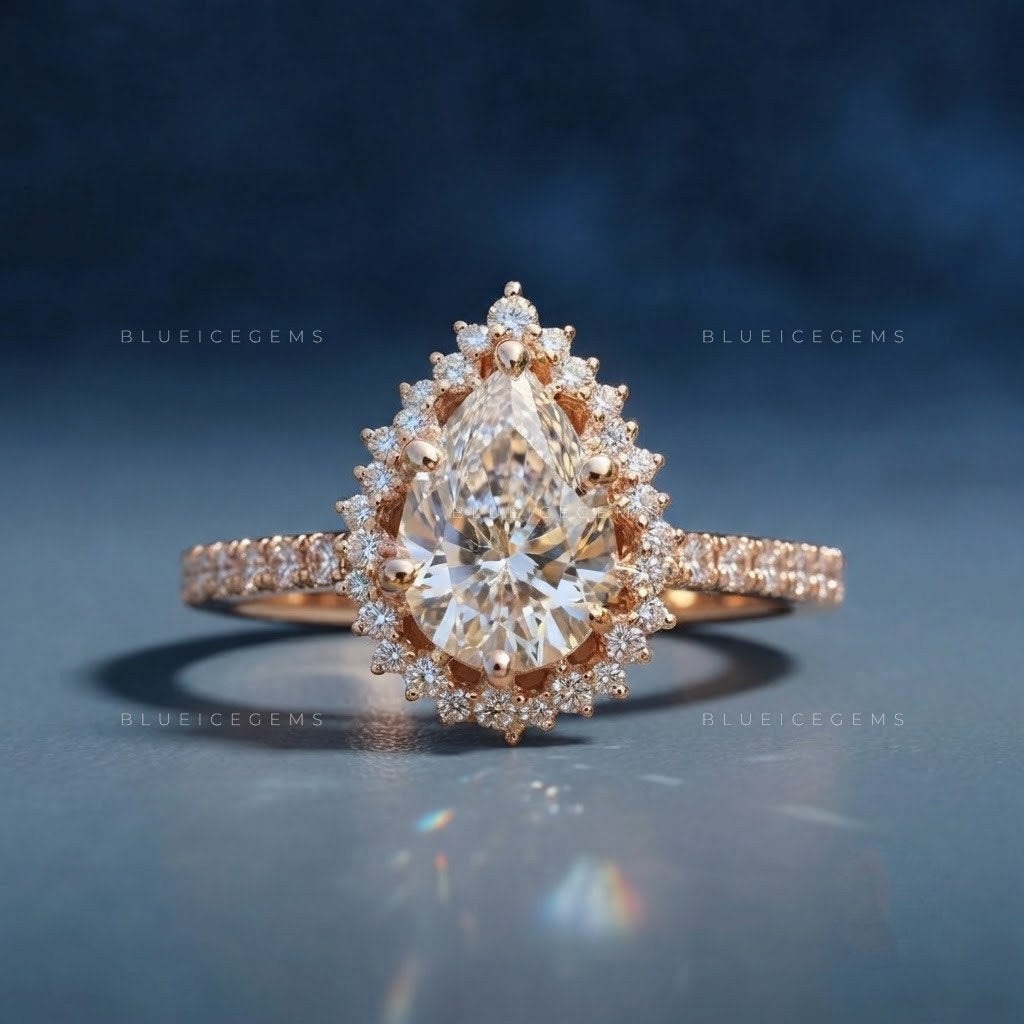 Graceful Pear Cut Halo Side Stone Engagement Ring