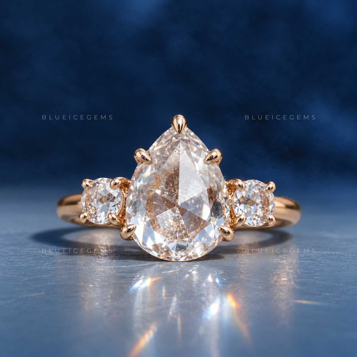 Vintage Inspired Pear Rose Cut Three Stone Open Gallery Ring